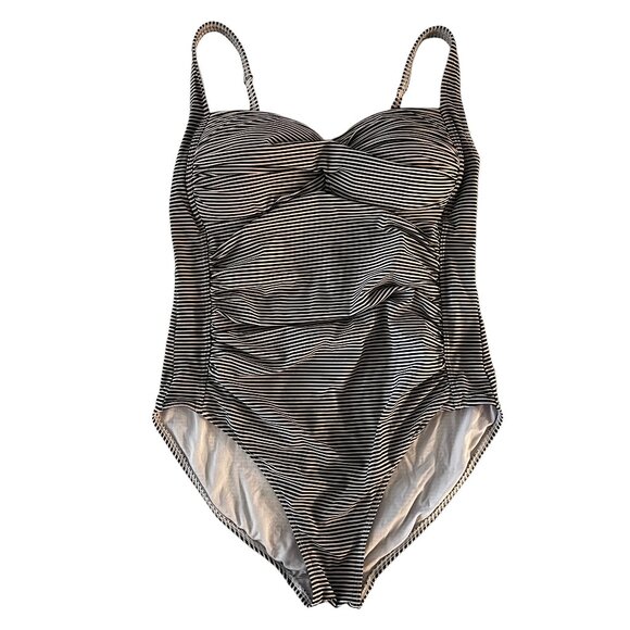 Bond-Eye Australia Black & Tan Mini Stripe Ruched One-Piece Swimsuit Sz … - Picture 1 of 11